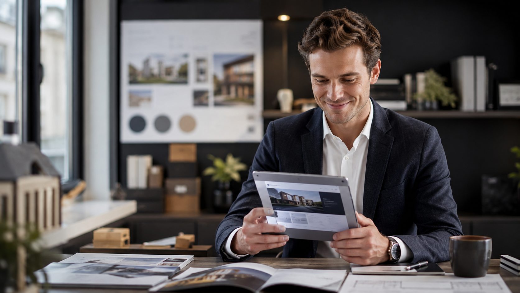 Makelaars eigenaar bekijkt nieuwe website preview op tablet