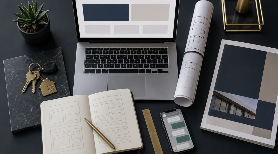 Top-down flat-lay van makelaar website ontwerpproces met wireframe schetsen