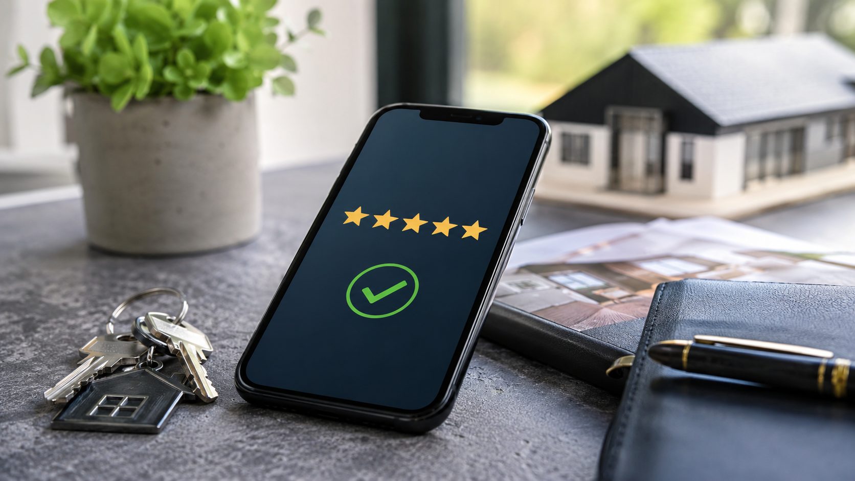 5-sterren review op smartphone — Google review na makelaar klus