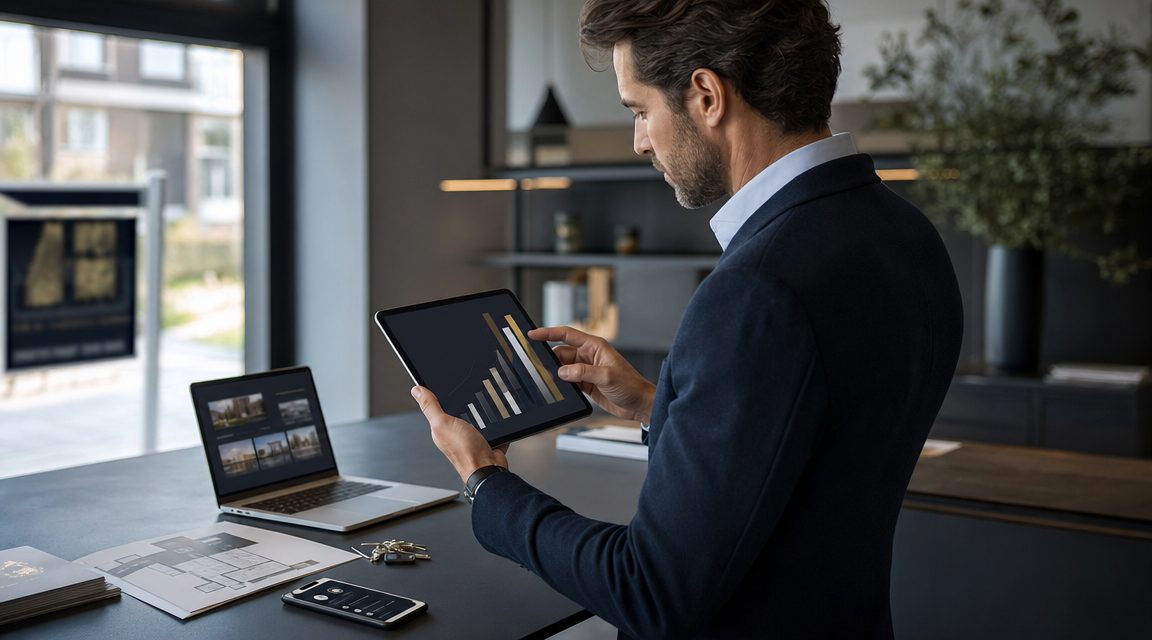Makelaar bekijkt SEO ranking-chart op tablet