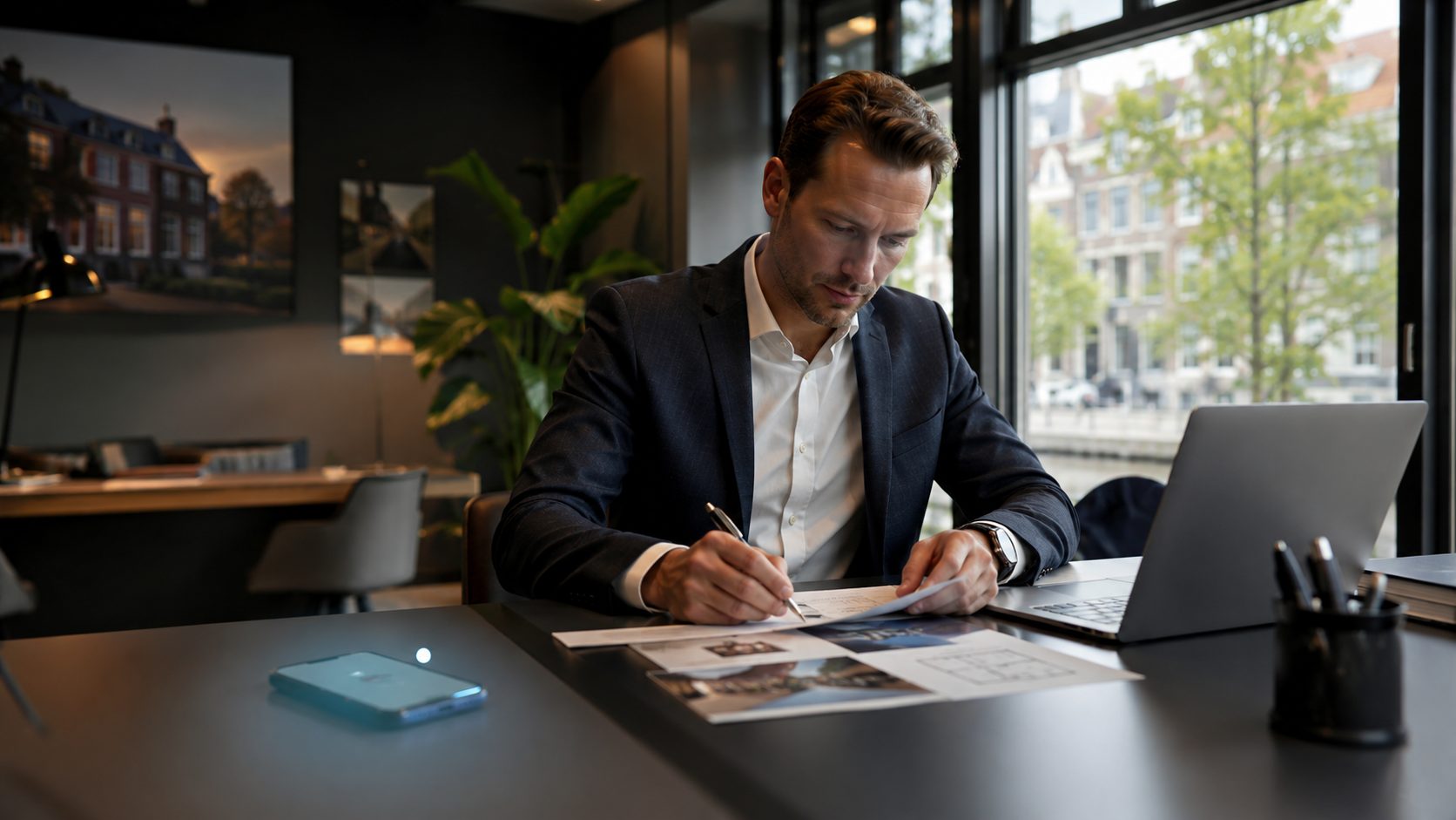 Makelaar werkt terwijl Voice AI binnenkomende oproep beantwoordt